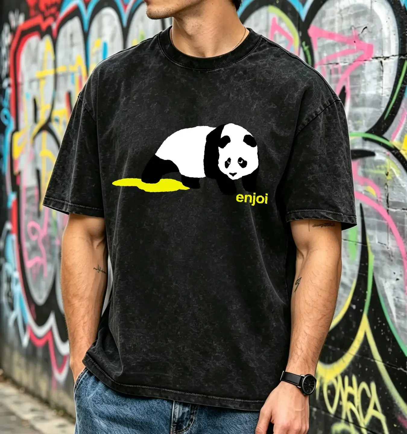 washed T Shirt Enjoi Skateboard Panda Logo  Size Small Adult Dark Gray vintage Washed Stretched streetwear Comfortable Casual