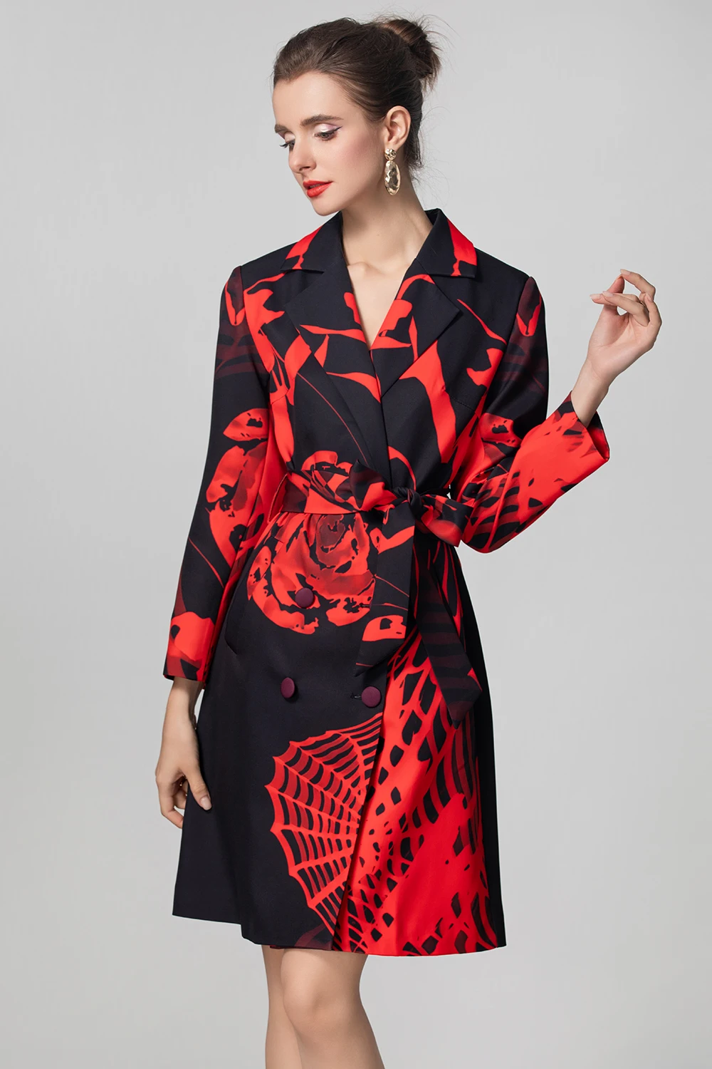 SEQINYY Elegant Long Trench Coat Spring Autumn New Fashion Design Women Runway Vintage Red Flower Print Black Top Belt