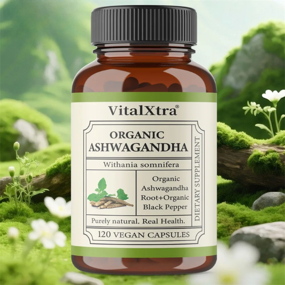 Organic Vegan Ashwagandha Root Capsules, Gluten-Free, Non-GMO, Supports Stress Relief, Energy, Deep Sleep, Adjust Mood