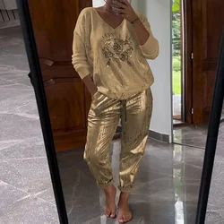 Spring Long-sleeved V Neck Top Pullover+Bronzing Pants Outfit Summer Lace-up Loose Suit Gold Shining Eye Print Women 2 Piece Set