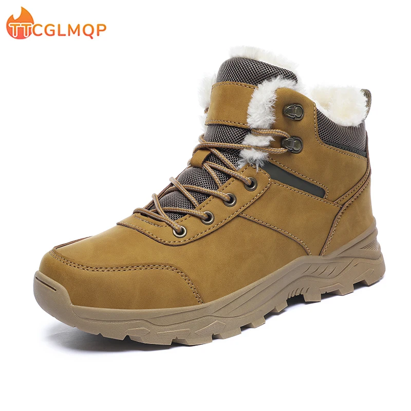 Botas de neve de couro impermeáveis para homens, tênis super quentes, botas masculinas ao ar livre, sapatos de trabalho, tamanho grande, inverno,