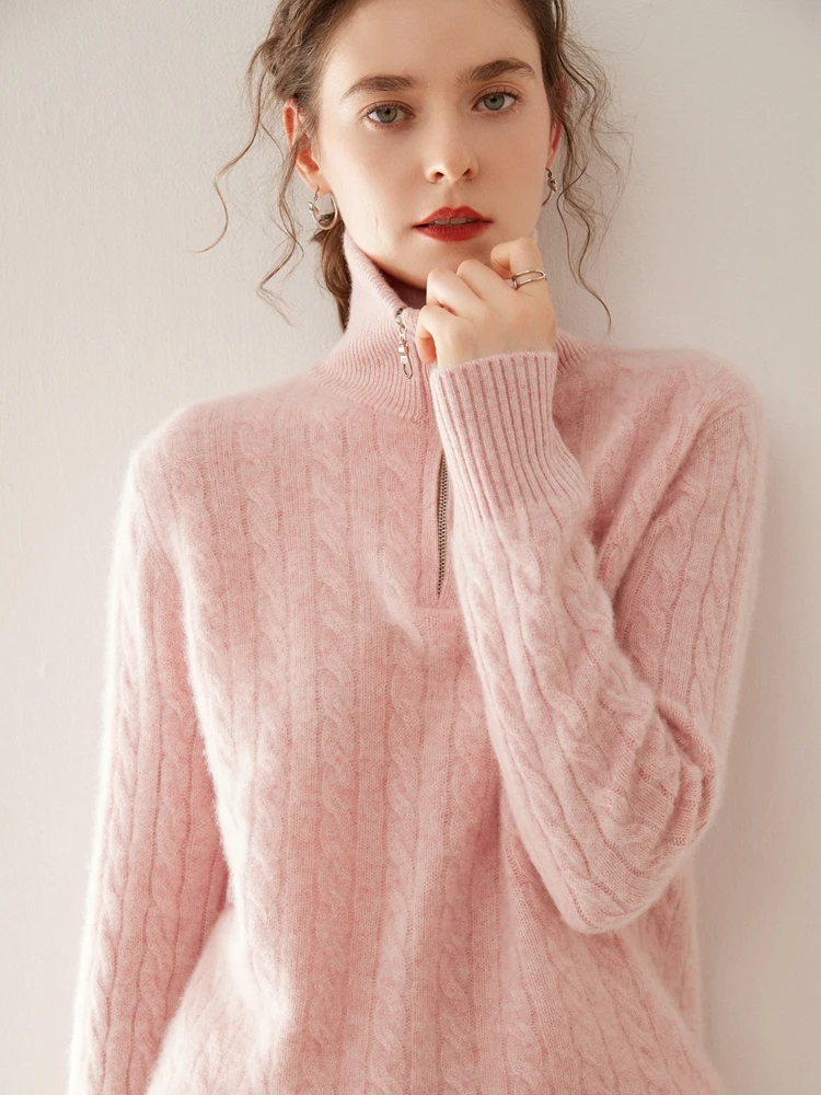 

Zipper hill cashmere sweater women's polo neck sweater loose padded sweater