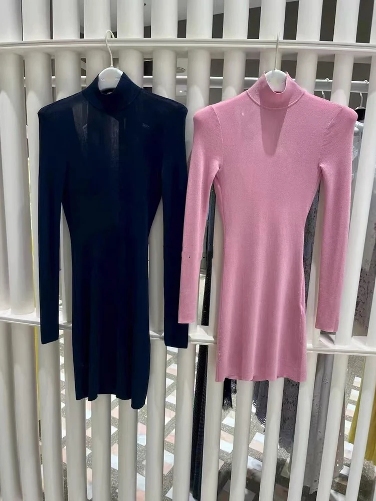 

Элитное платье SE темно-синего цвета, вязаное, облегающее, сексуальное, с воротником-стойкой, в европейском стиле, повседневное, с длинными рукавами