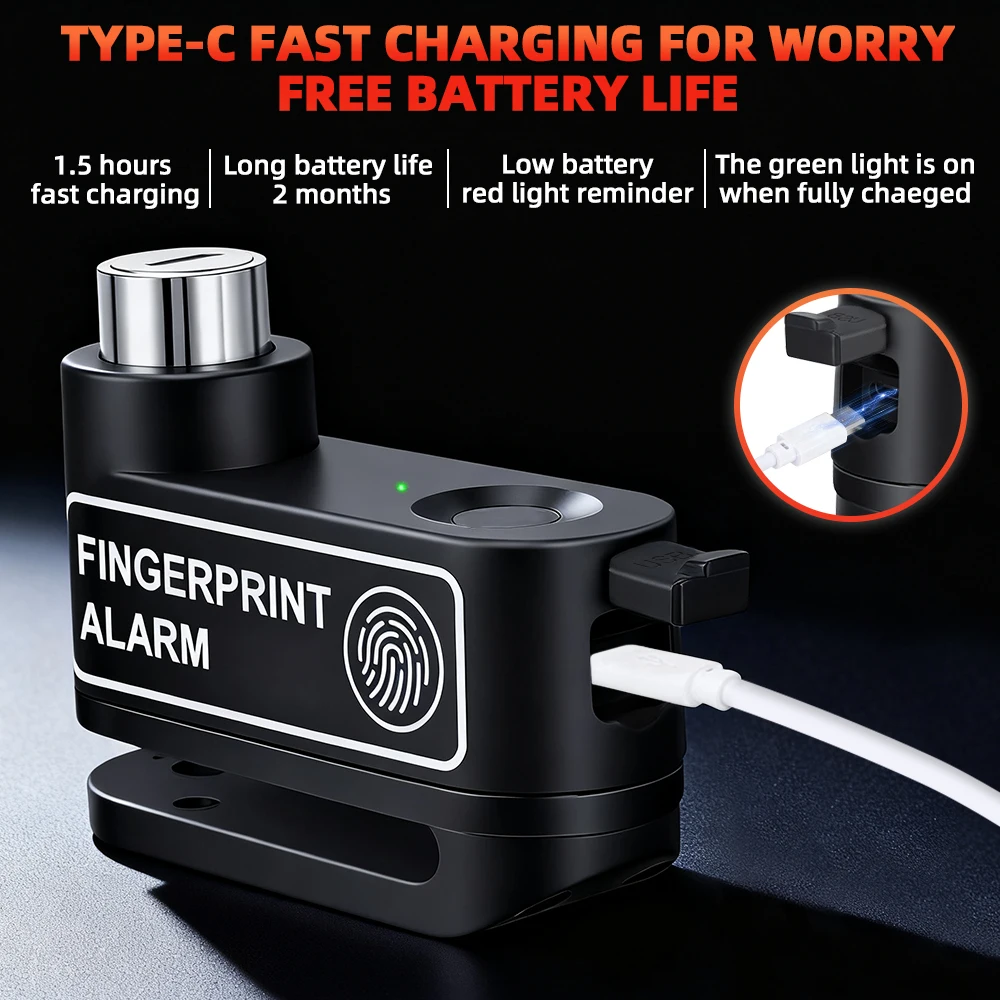 Disc Brake Lock 120dB Fingerprint Motocycle Alarm with Keys Anti-theft Lock Rechargeable Motorbike Accessories - view 3