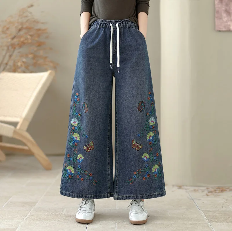 Pantalones vaqueros de pierna ancha con bordado Floral para chica Mori Vintage japonés, pantalones vaqueros rectos holgados informales con cintura elástica de otoño para mujer