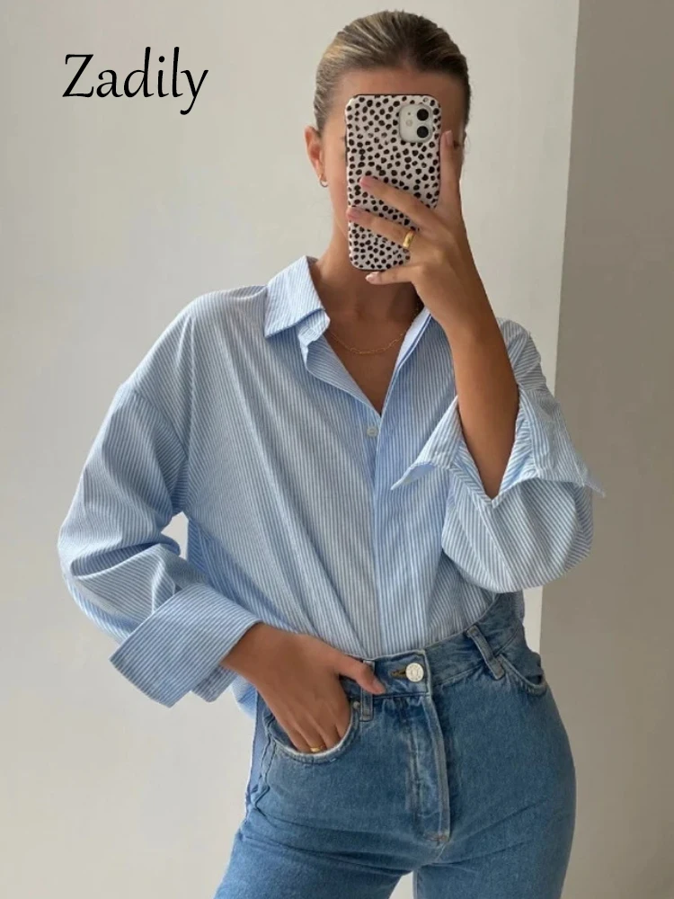 Zadily 2024 Summer Loose Long Sleeve Women Cotton Striped Basic Shirt Office Lady Button Up Clothing Minimalist Blouses