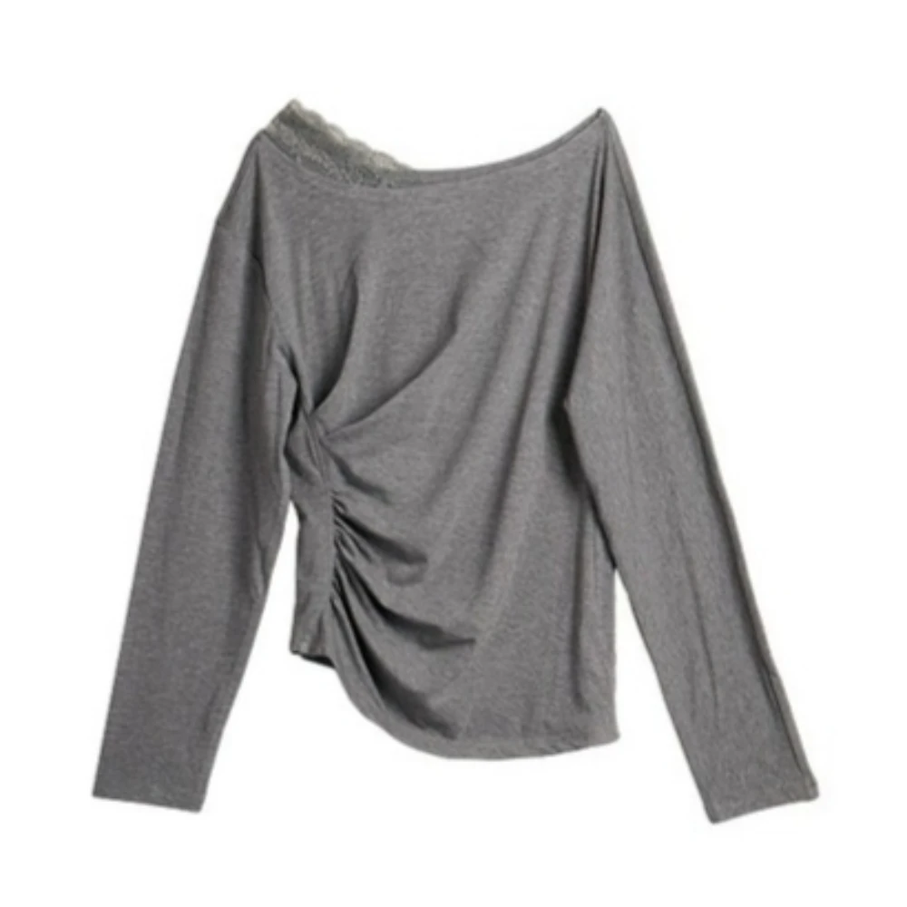 เสื้อผู้หญิง OLrain แบบพับได้ สไตล์ฝรั่งเศส คอเฉียง แต่งลูกไม้ แขนยาว ฤดูใบไม้ผลิ 2026 ผ้าถัก ทรงเข้ารูป รุ่น O58CT001990