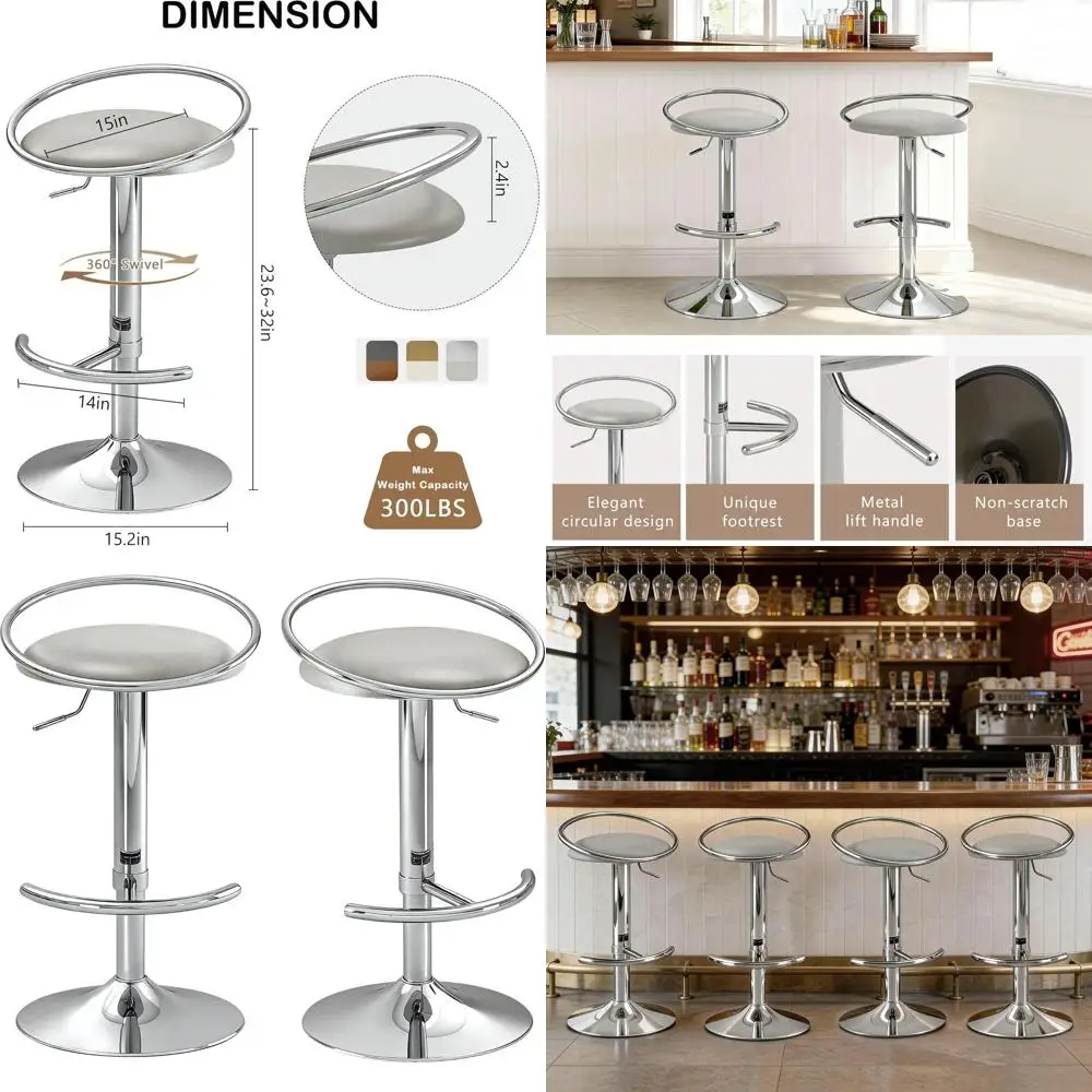 

Set of 2 Adjustable Swivel Bar Stools with Upholstered PU Leather Seats for Kitchen Island and Dining Room, Silver
