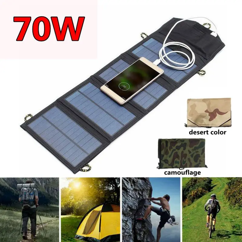 

70W Foldable Solar Panel Bag USB 5V Solar Charger Waterproof Solar Battery Portable Mobile Power Bank for Outdoor Camping Hiking