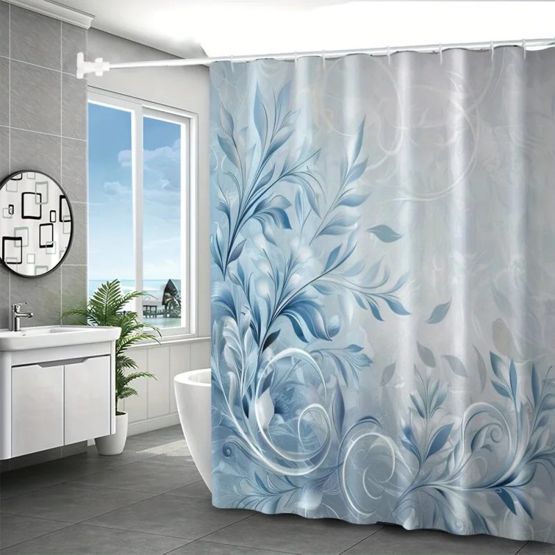 4pcs Waterproof Blue Grass Bathroom Curtain Set with Digital 3D Printing, Non-punching Shower Curtain