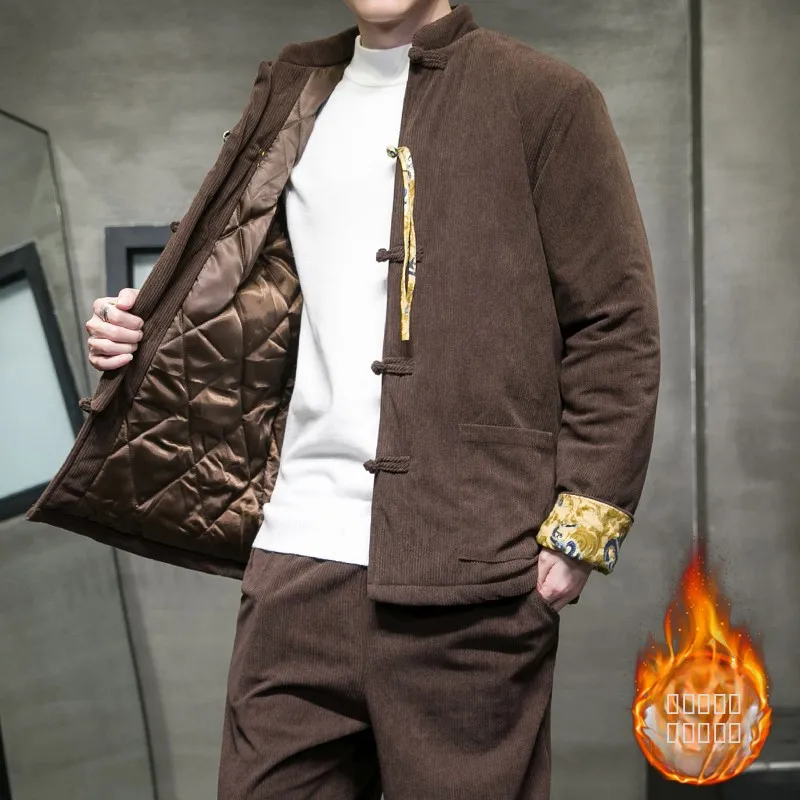 

Мужское утепленное вельветовое хлопковое пальто на пуговицах, зимнее, теплое, винтажное, повседневное, длинное, в китайском стиле, для молодежи