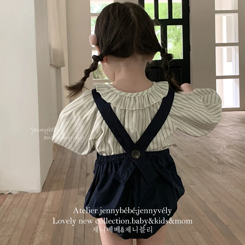 2024 New Autumn Toddler Baby Girl Clothes Suit Long Sleeved Cotton Striped Shirt Sleeveless Jumpsuit Children Clothes Set