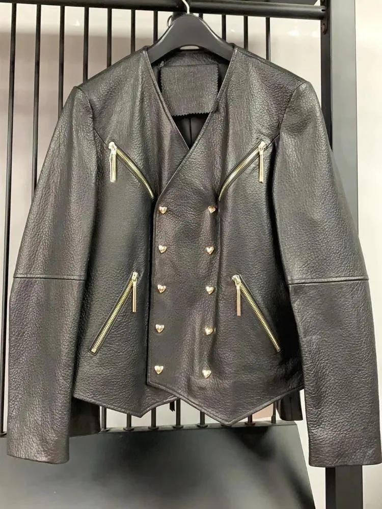 Büro Weibliche Zipper Tasche Echtes Leder Kurze Jacke Zweireiher V-ausschnitt Einfarbig Lange Ärmel Schaffell Mäntel