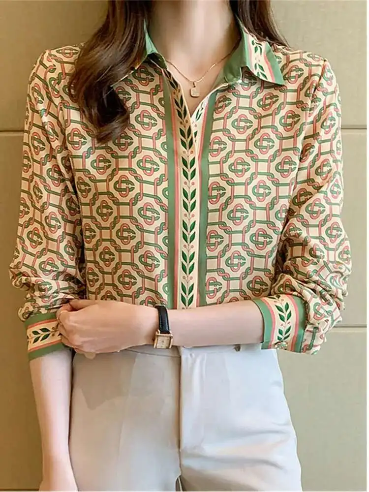 #3103 France Style Vintage Print Office Shirts Long Sleeve Loose Satin Shirt Women Turn-down Collar Office Elegant Retro Blouse