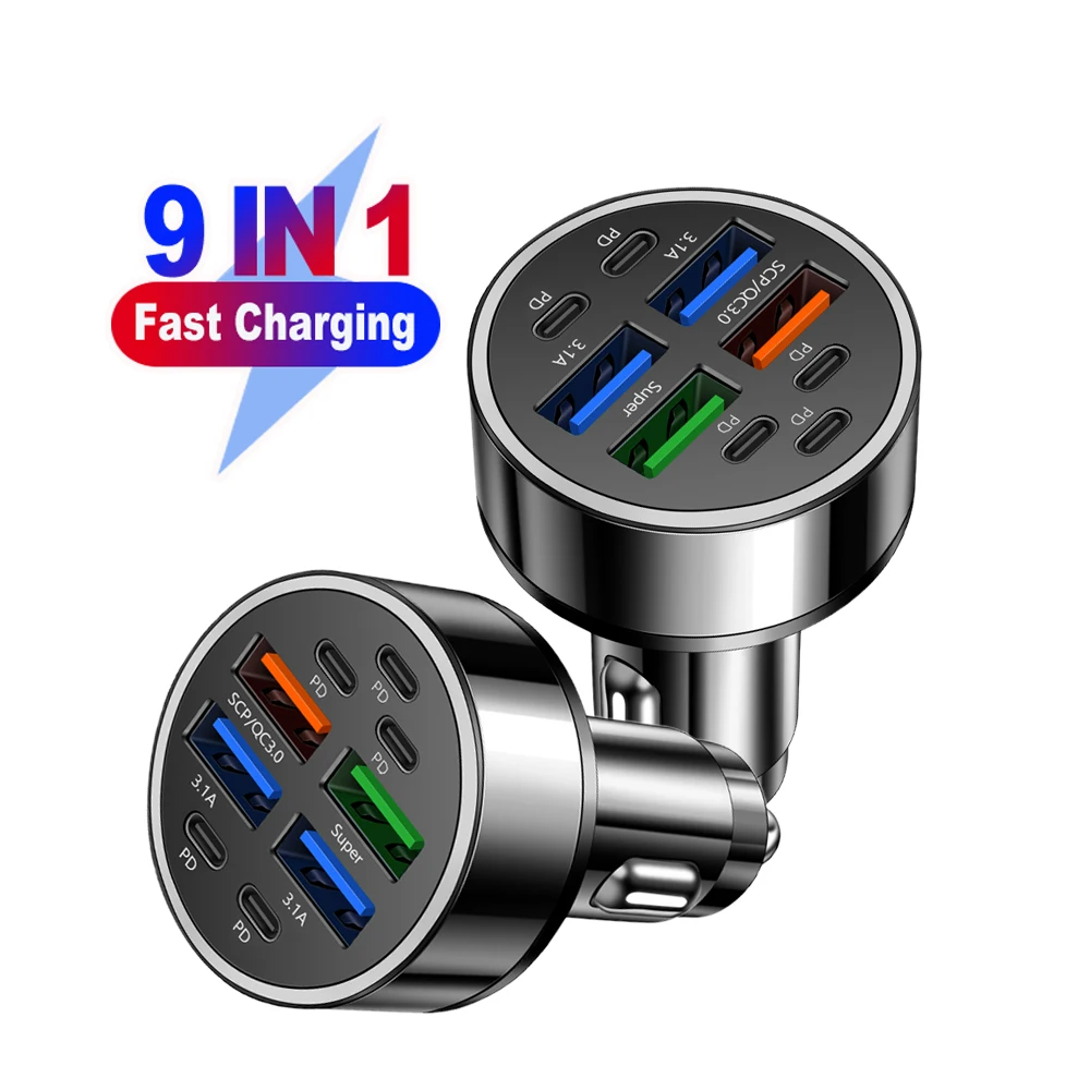 

9 Ports Phone Charger QC3.0 4 USB & 5 PD Type C USB Mobile Phone Fast Charging Quick Charger Adapter In Car