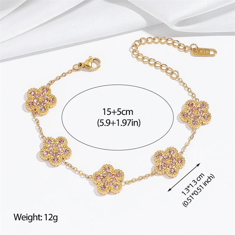 GANEMLY 316L Stainless Steel Double-sided Pink Zircon Five Leaf Clover Bracelet For Women Fashion Wrist Chain Jewelry Lady Gift