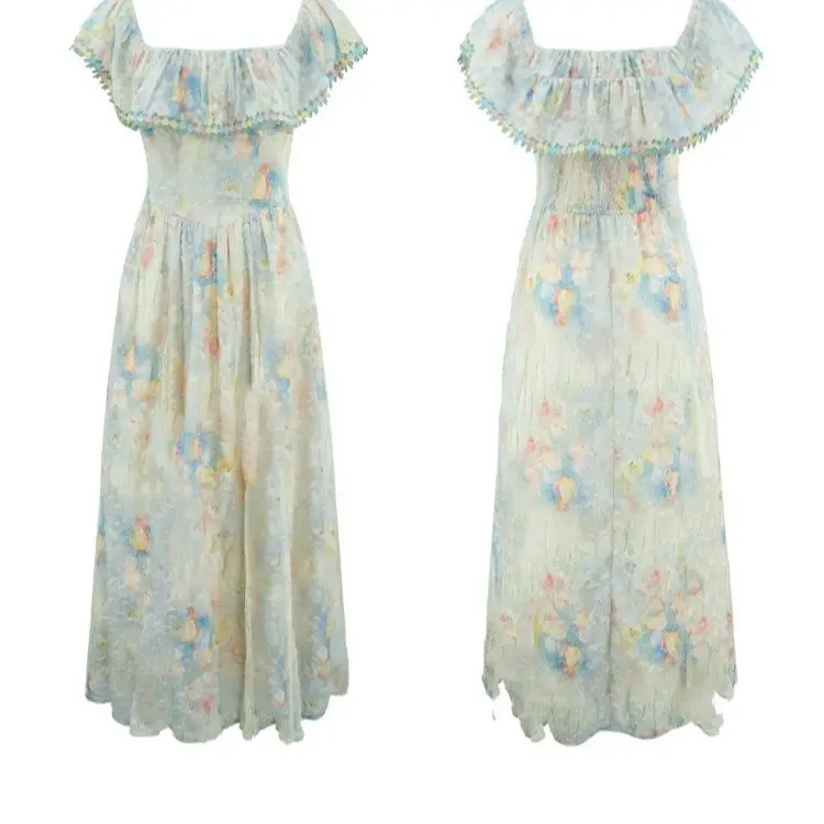 تنورة صيفية جديدة لعام 2025 ذات ياقة مربعة كلاسيكية مُزينة بنقشة الزهور، فستان فرنسي أنيق ونحيف، للنساء