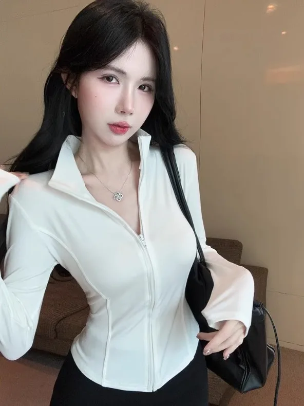 

Slimming Short Sleeveless Knitted Cardigan Korean Style Long Sleeve Stand Collar T-Shirt with Zipper And Waist Cinching