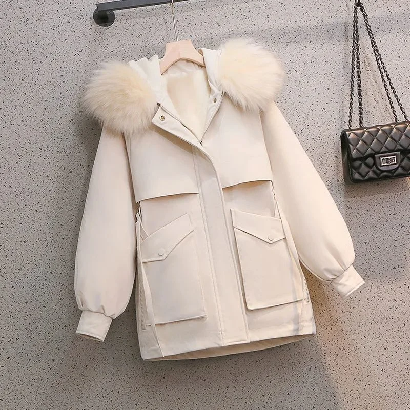 2023 New Women Down Cotton Coat Winter Fake fox hair Jacket Female Loose Parkas  Length Plush Outwear hooded Cotton Overcoat