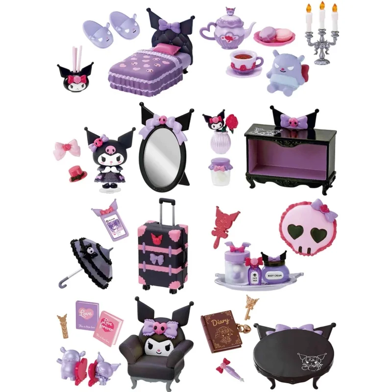 Re-ment 8Pcs/set Sanrio Kuromi Gothic Room Purple Miniature Scene Blind Box Toys Anime Figure Doll Gifts Toys Collect Ornaments
