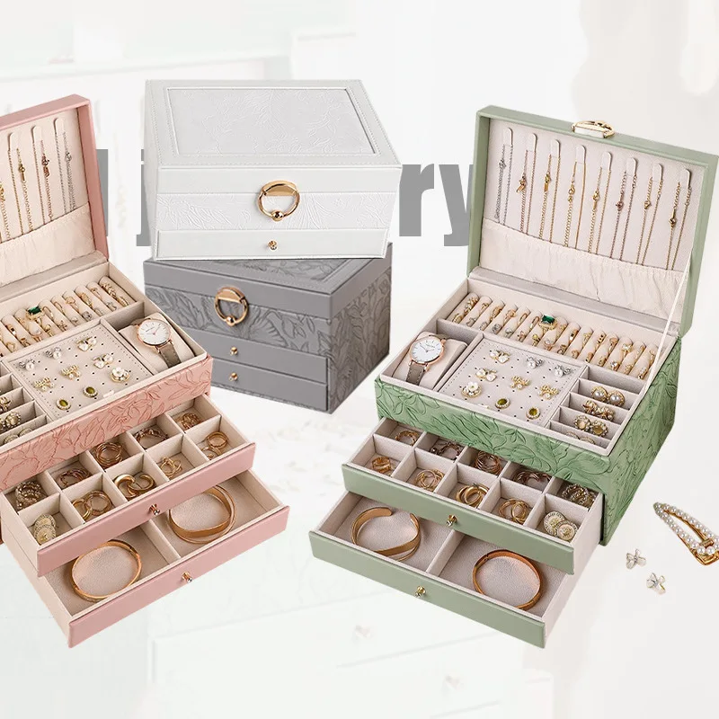 

3-слойная шкатулка для драгоценностей, кожаные кольца, серьги, чехол для хранения, большая емкость, ожерелья, браслеты, серьги, кольца, коробки для хранения часов