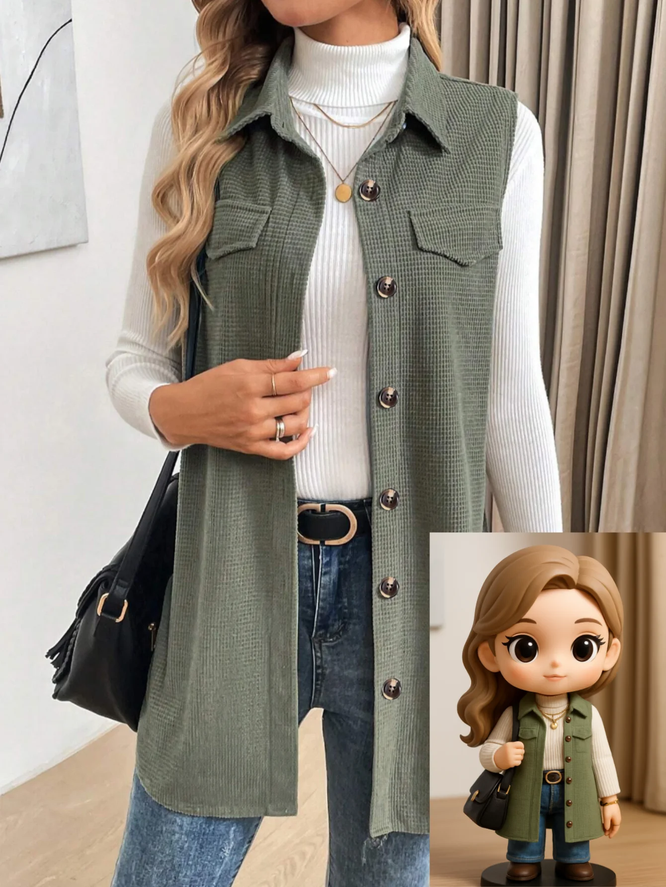 เสื้อกั๊กยาวถักลายวาฟเฟิลลำลองสำหรับผู้หญิง เสื้อแจ็คเก็ตแบบไม่มีแขนติดกระดุมพร้อมกระเป๋า เสื้อคลุมคอปกแบบมีปกสำหรับใส่เป็นชั้นใน