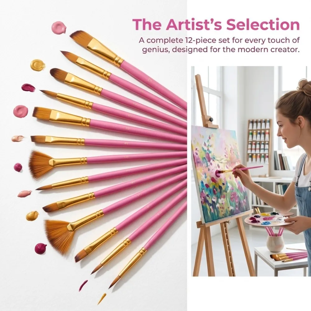 12PCS Nylon Bristle Nylon Paint Brush Set Triple Color Rods Solid Handle Art Painting Brushes Mixed Tips