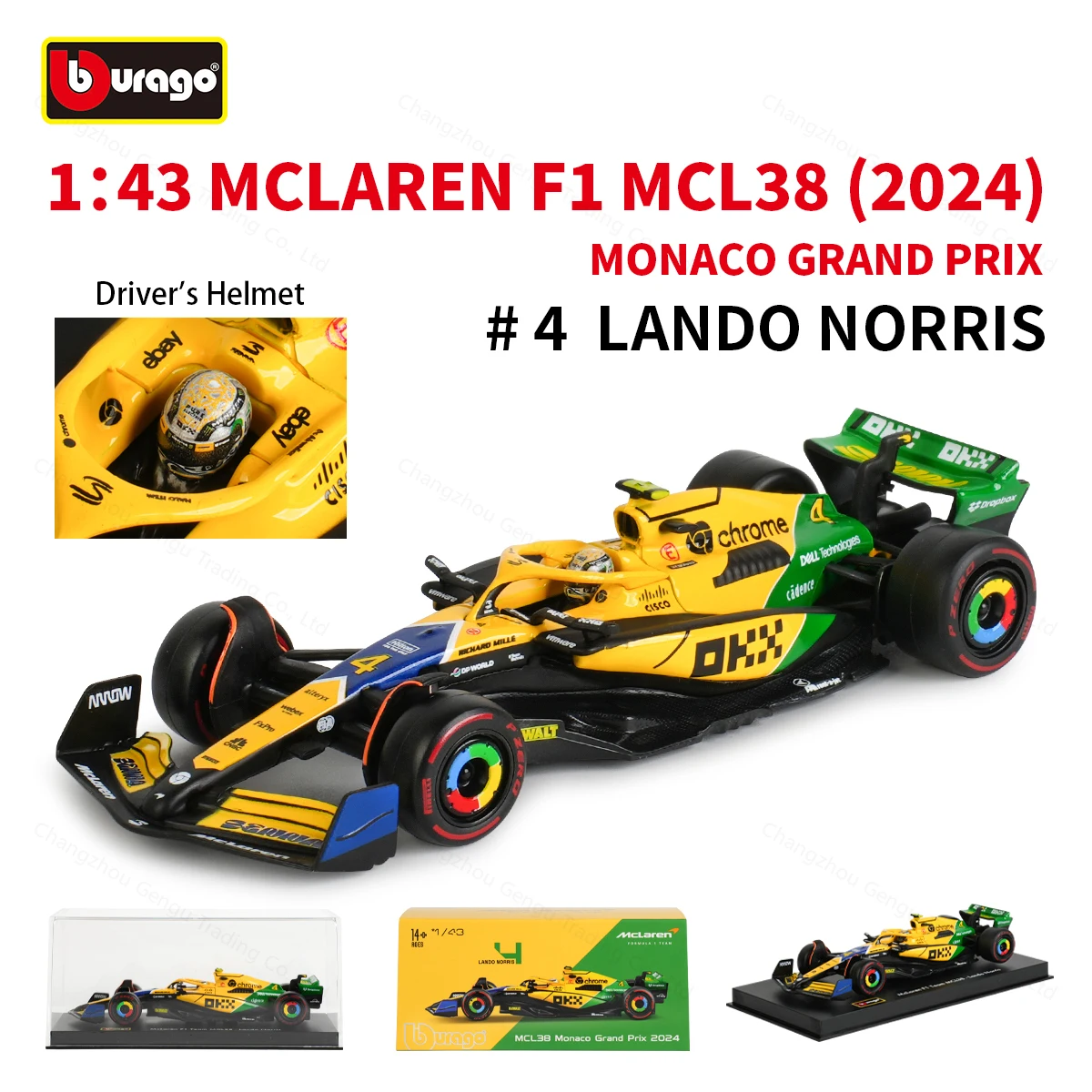 Bburago 1:43 2024 McLaren MCL38 Monaco GP F1 Formula Racing Car Static Simulation Diecast Alloy Model Car Acrylic Box