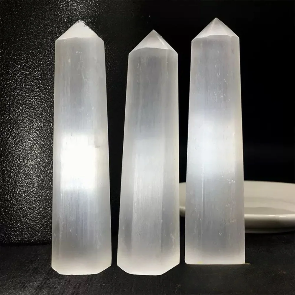 1pc Natural Stone Selenite Point Pillars Hexagonal Prisms Obelisk Wand Chakra Gemstones Pillars Home Decor Desktop Decoration
