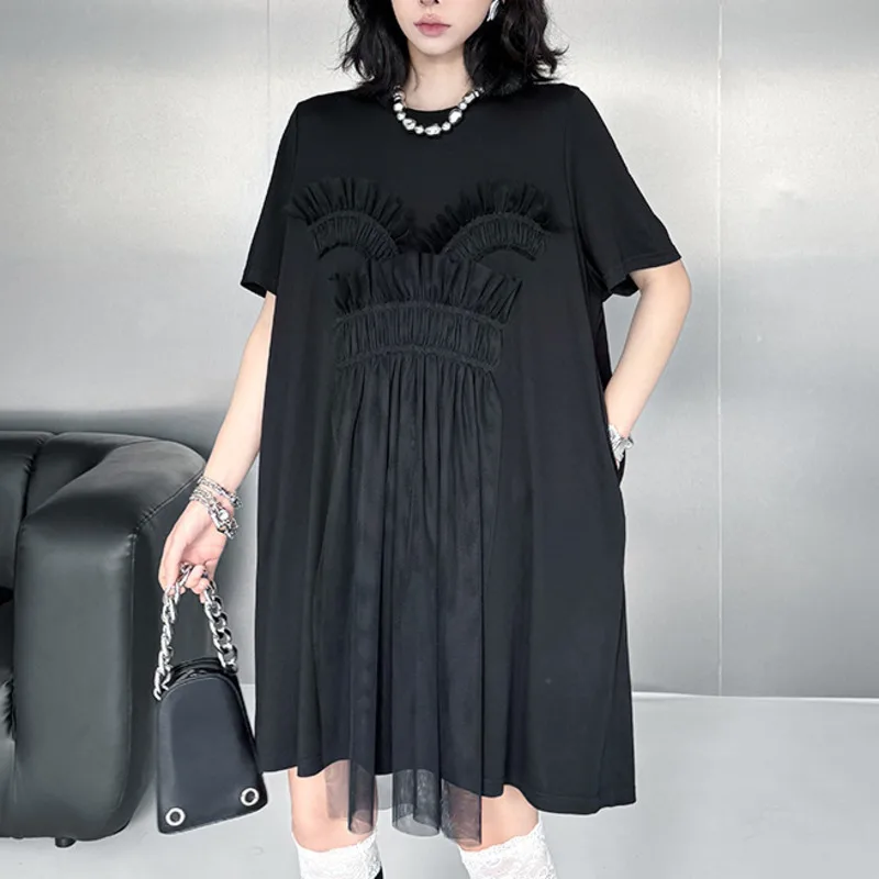 HKSH Herfst Nieuwe Vrouwen Niche Ontwerp Tij Donkere Streetwear Mode Mesh Patchwork Jurk Trend Losse Halflange T-shirt Jurk HK8266