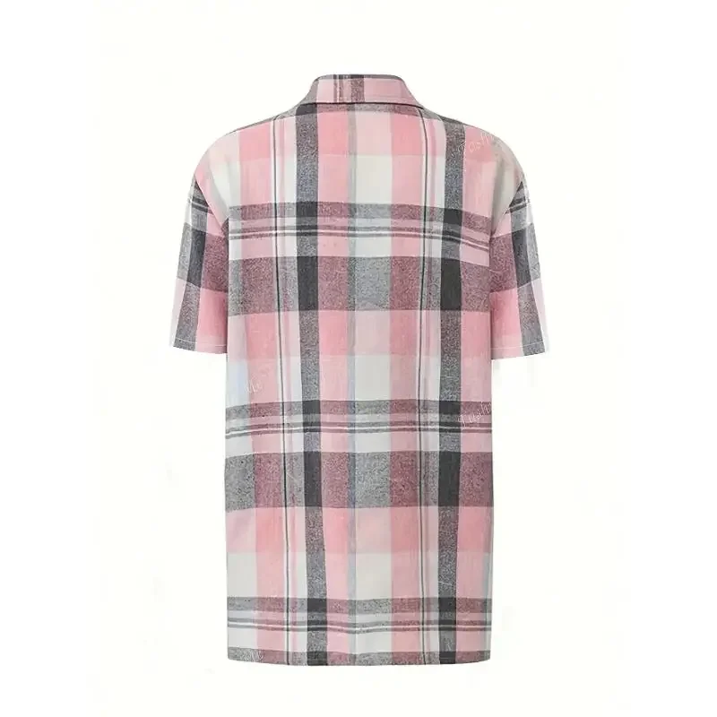 حجم كبير 1XL-5XL المرأة موضة منقوشة قميص بلوزة قميص المرأة عادية طباعة قصيرة الأكمام زر حتى التلبيب طوق قميص علوي #3