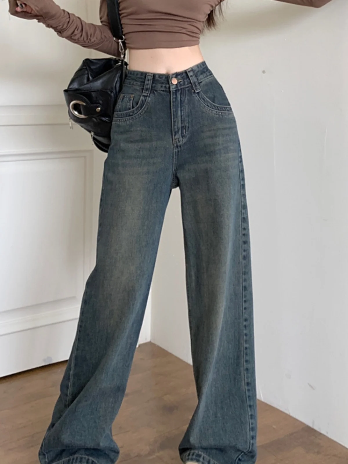 

Light Blue High Waist Straight Leg Wide Leg Jeans Women's Spring New Sle Drapey Versatile Floor Length Trousers