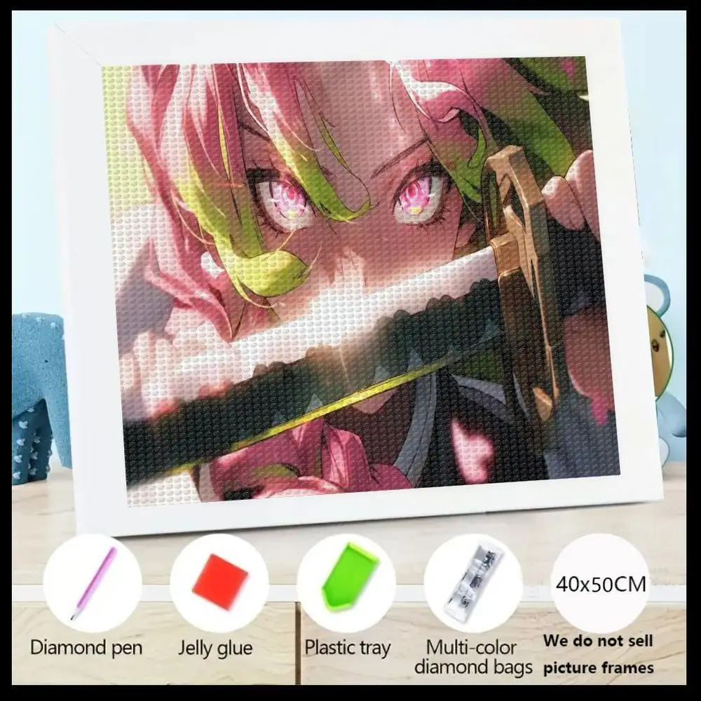 

1 шт. 5D DIY Набор для алмазной живописи Персонаж аниме с розовыми, зелеными волосами и яркими розовыми глазами, удерживающий меч 40x50 см (без рамки) с Di