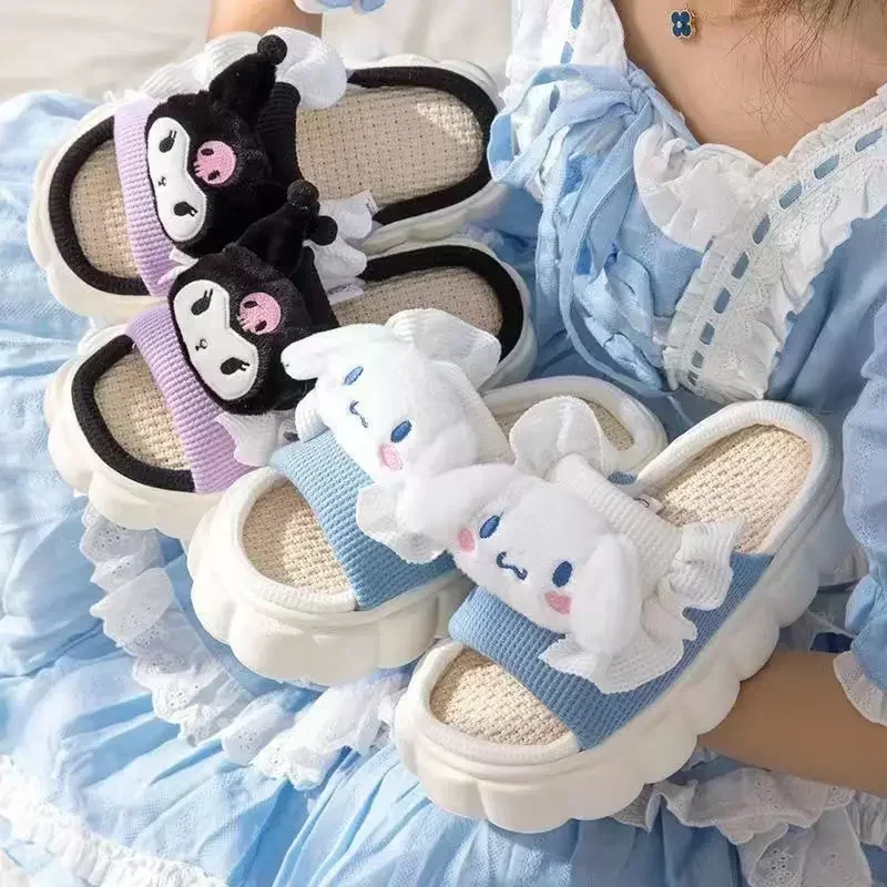 Sanrio Kuromi Cat Cat Linen Slippers Four Seasons Universal Indoor Home Cotton Linen Sandals Cute Cartoon Breathable Slippers