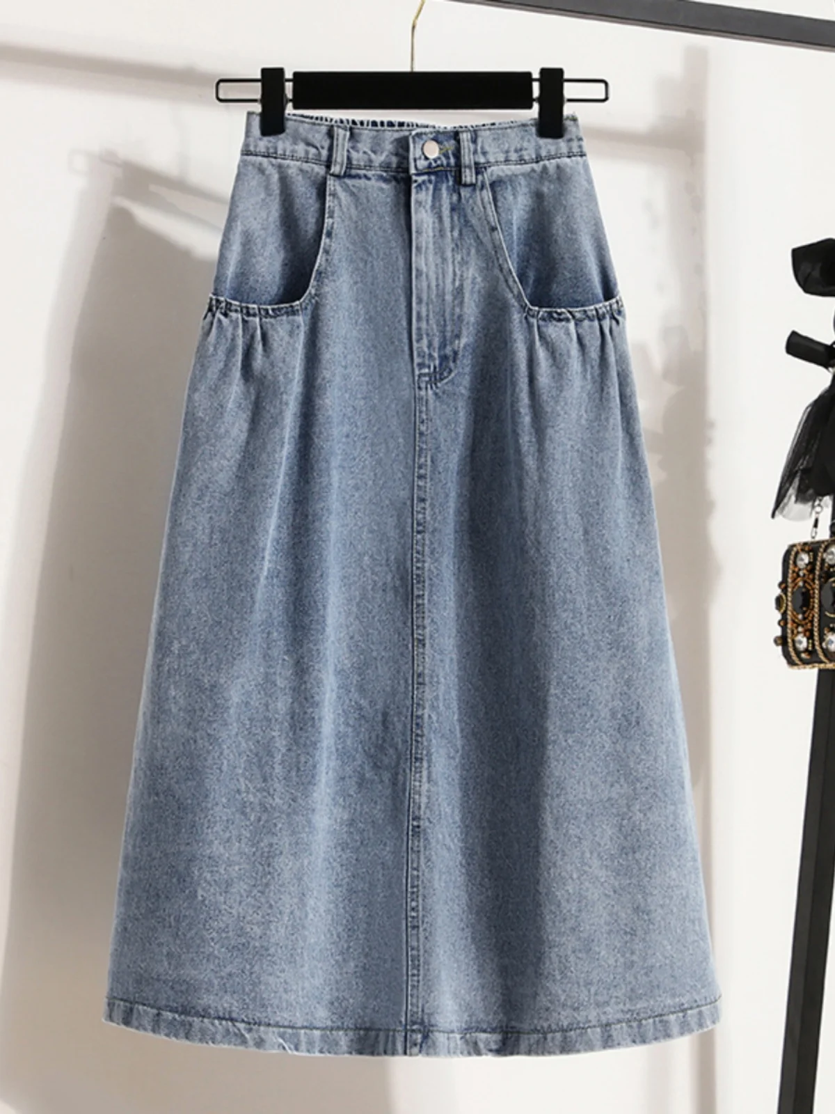 

Faionable plus Size Cotton Denim High Waist Elastic A-Line Skirt Women's Commute Sle Spring Season Mid-Length Skirt