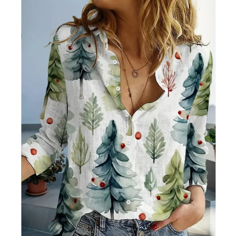 New women's long sleeved button up shirt with Christmas printed collar personalized comfortable elegant party shirt for women