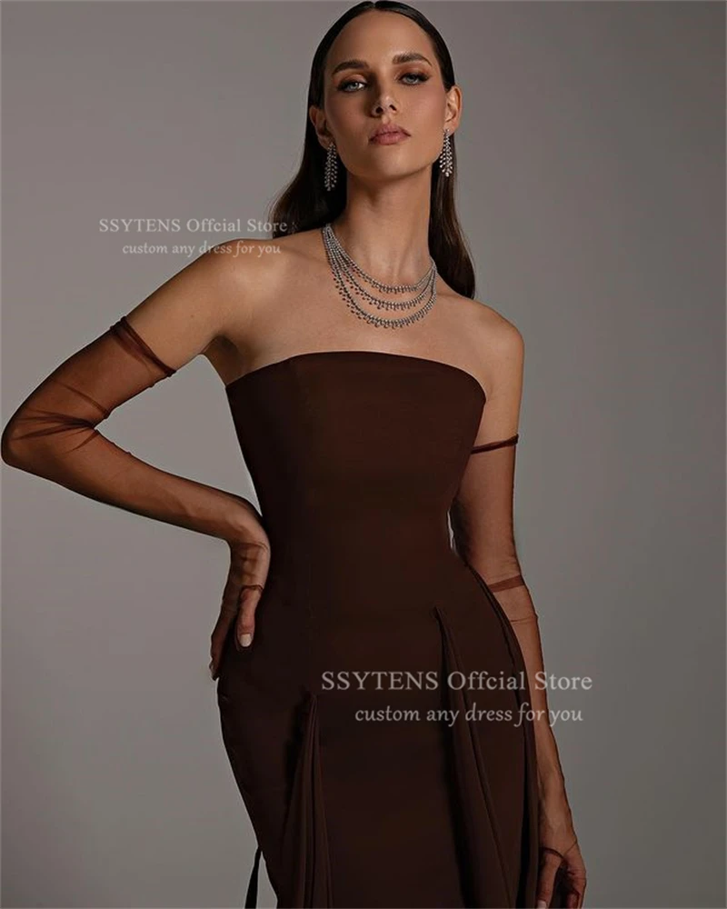 SSYTENS Luxury Chiffon Mermaid Evening Dresses Female Off the Shoulder Sleeves Brown Prom Gowns Sets Customized Vestido De Noche