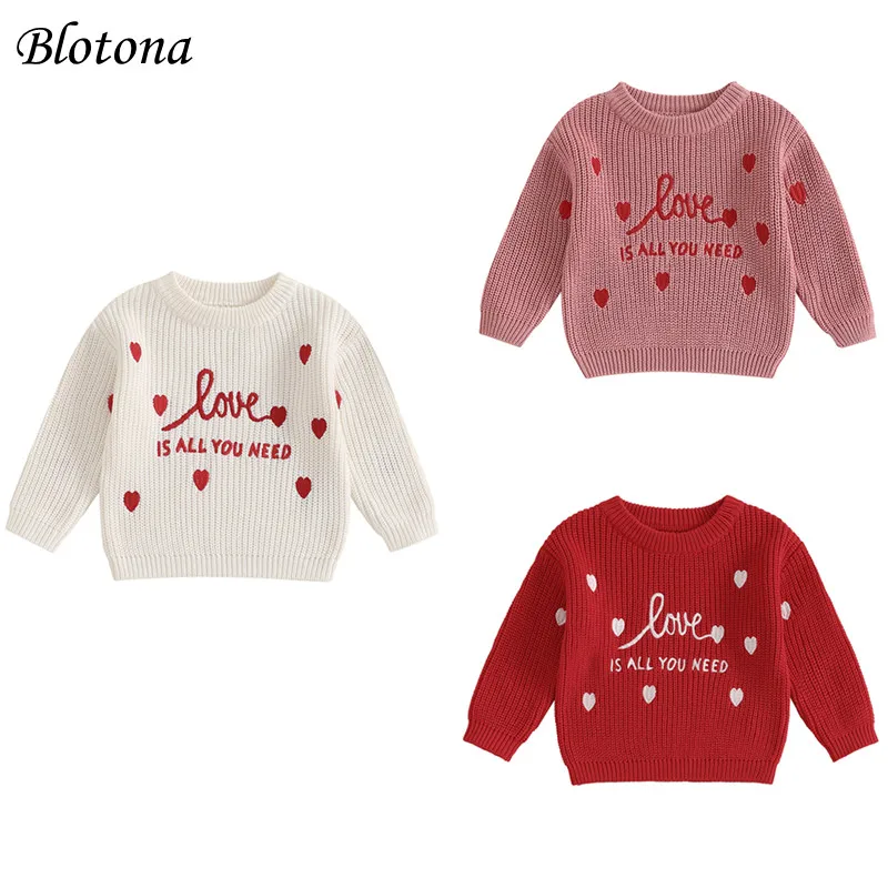 Blotona Toddler Girls Sweater, Long Sleeve Crew Neck Letter Heart Embroidery Warm Winter Sweater Valentine’s Day Pullover Top