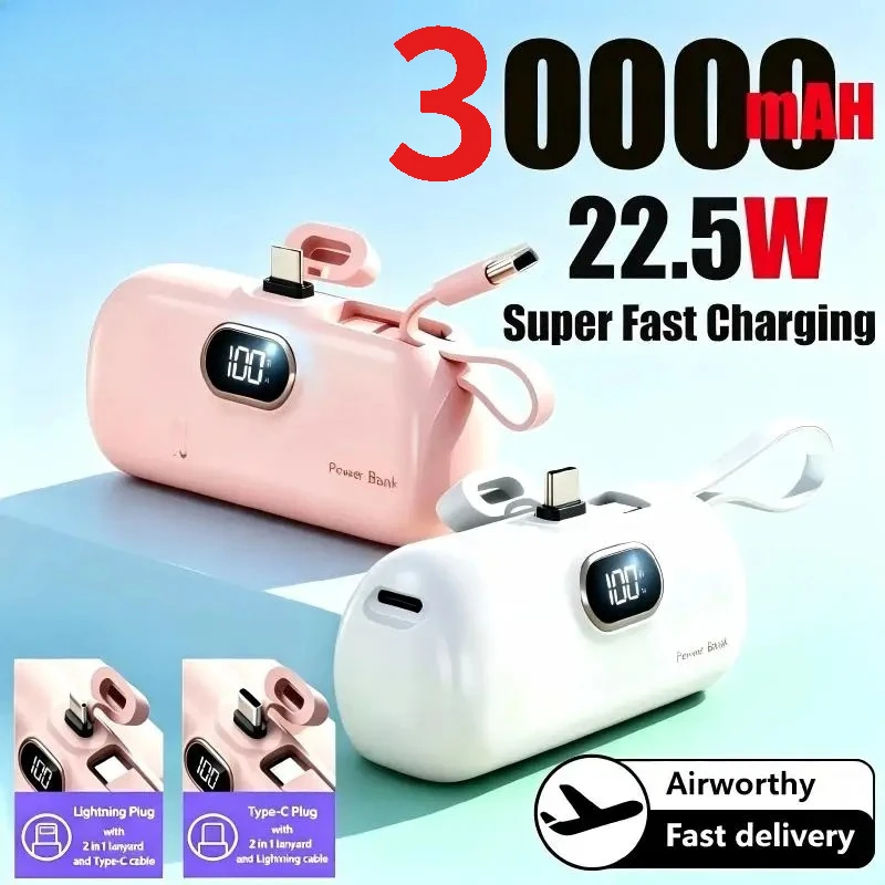 New Mini Power Bank 30000mAh Fast Charging Power Bank Portable Charger for IPhone 16 15 14 SamsungXiaomi External Spare Battery
