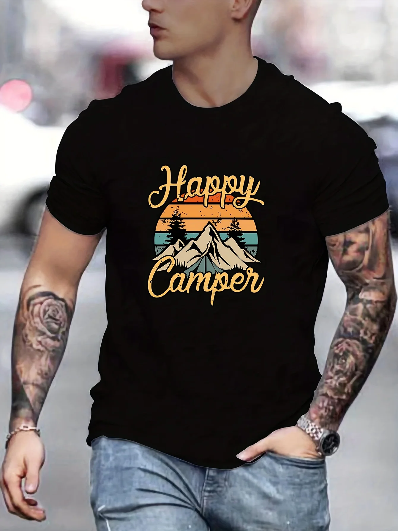 เสื้อยืดผู้ชาย Happy Camper" - ลําลอง ผสมโพลีเอสเตอร์ระบายอากาศได้ ซักด้วยเครื่องได้ เสื้อยืดกราฟิกกึ่งเชียร์สําหรับทุกฤดูกาล