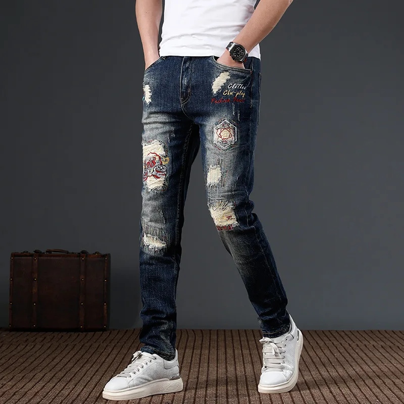 2024 New Trendy Patch Perforated Embroidered Jeans for Men's Deep Blue Slim Fit Small Feet Street Motorcycle Denim Pants