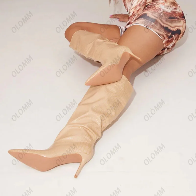 Olomm New Women Winter Knee Boots Slip On Stiletto Heels Pointed Toe Pretty Light Blue Party Shoes Women Plus US Size 6-10.5