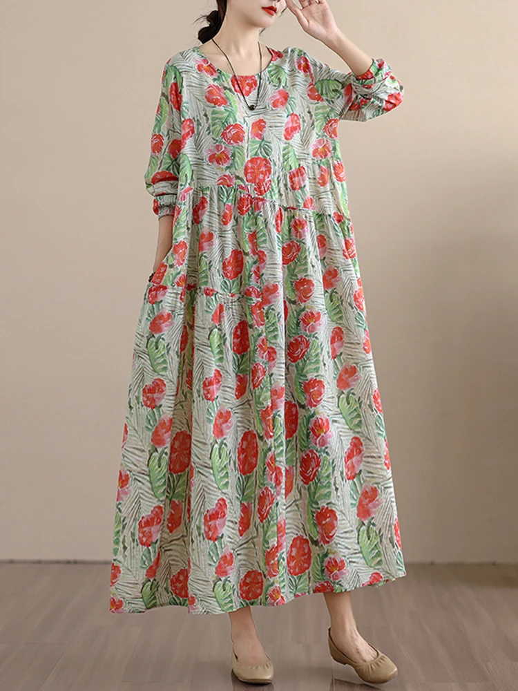 2025 봄 가을 신상 긴팔 면 플로럴 프린트 빈티지 여성용 드레스 캐주얼 루즈핏 미디 드레스 여성 우아한 의류