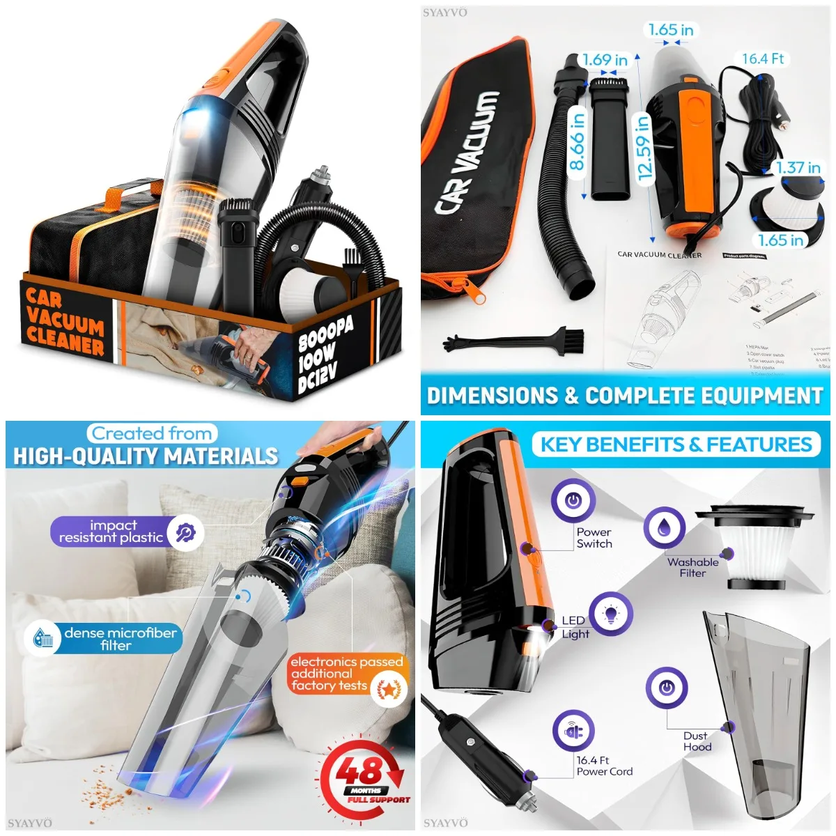 

Portable Car Vacuum Cleaner 8000PA 100W DC12V Corded Handheld with Attachments LED Light for Car Detailing