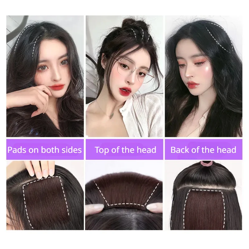 Real Human Hair Seamless Top Invisibility Hairpiece Thickened Root Pad Fluffy Cushion Wigs Piece Wig Hair Extensions for Woman