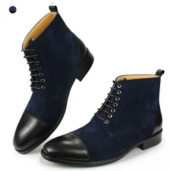 Shoes High quality navy blue Work Pointed footwear service Formal Suede genuine splicing leather men‘s boots half