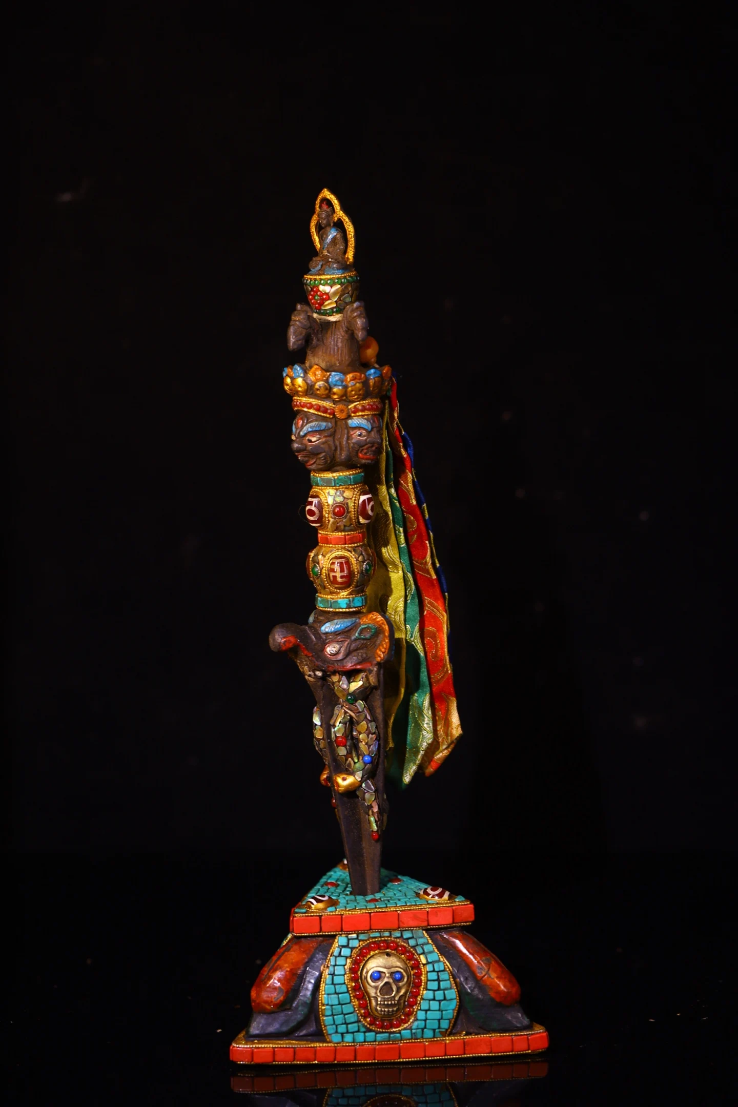 Old Bronze Painted Mosaic Gem gZi Beads Shell Turquoise Three sided Buddha Head Hayagriva Dorje Vajra Phurpa Skull Base Amulet