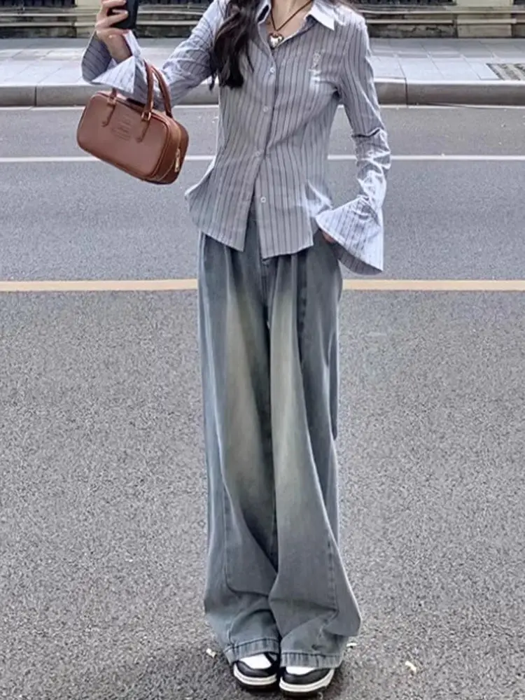 

Широкие джинсы Уличная одежда Женская одежда Средняя посадка Семиточечная длина Облегающий крой Популярный спортивный стиль для спортзала Ношенное качество на ощупь