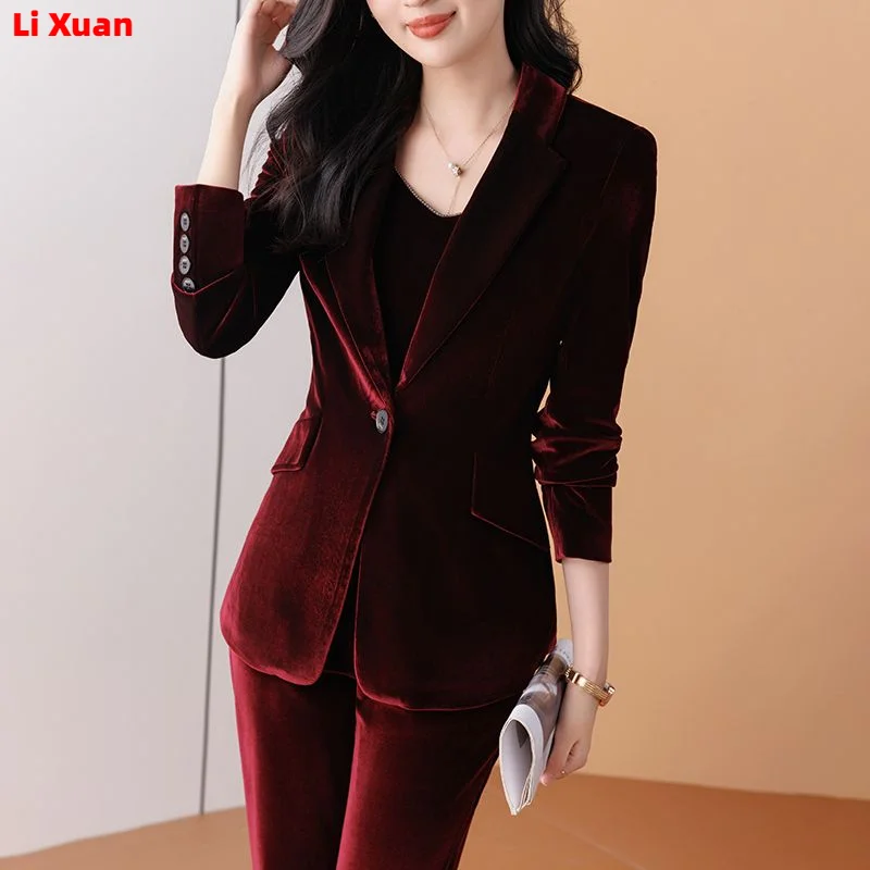 Women\'s Thick Warm Formal Blazer and Pants Suit, Quality Shiny Velvet, Office Work Wear, Winter, 2 Pcs