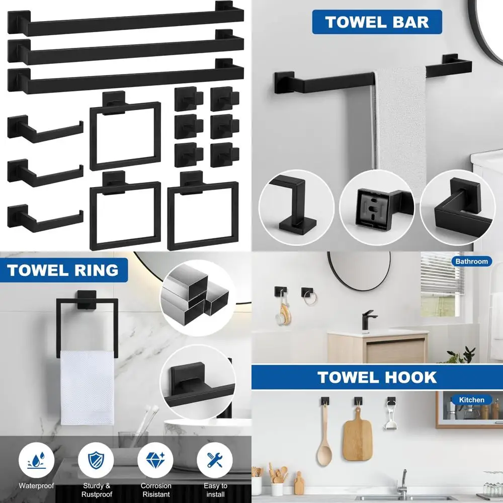 

Матовый черный набор фурнитуры для ванной комнаты — коллекция аксессуаров из 15 предметов с 24 вешалкой для полотенец, квадратным кольцом и держателем для туалетной бумаги для Mo